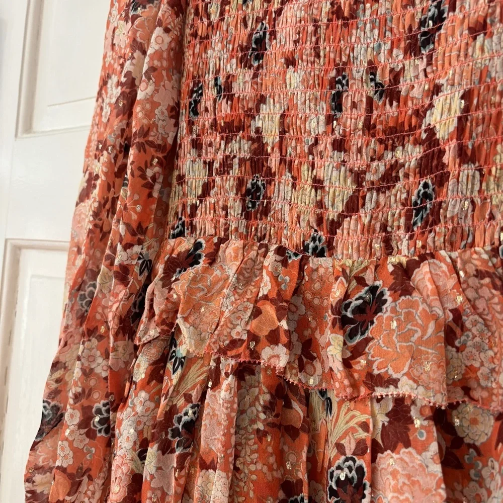 Ulla‎ Johnson Tamara Dress Silk Mini Metallic Floral Print Coral Size 2 Tiered